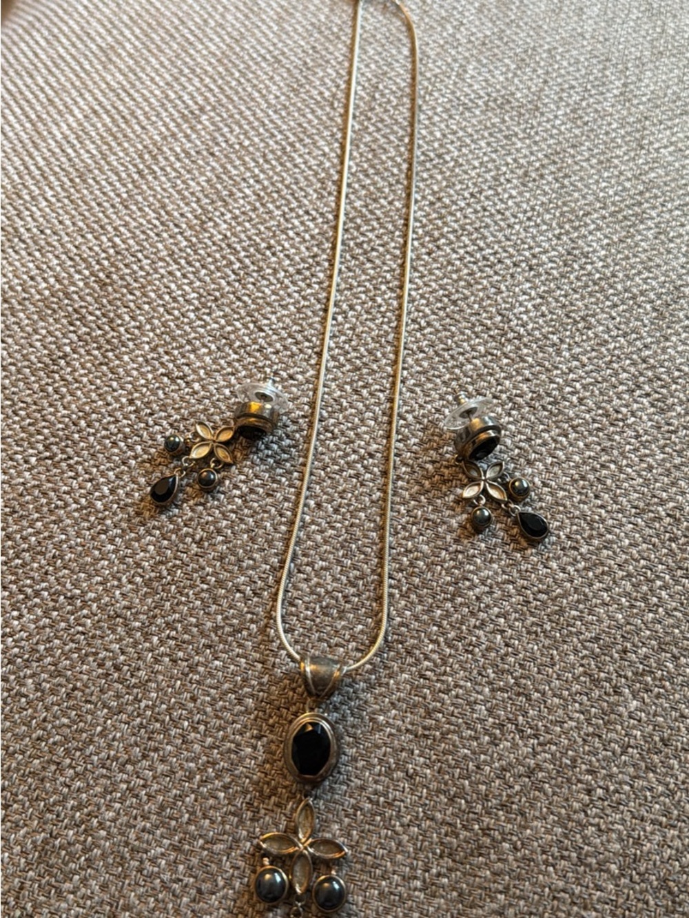 Sterling Silver Black Stone Pendant Necklace with Matching Earrings